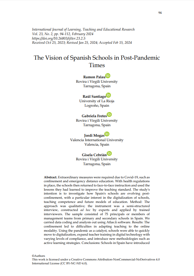 The Vision of Spanish Schools in Post-Pandemic Times