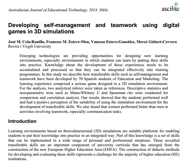 Developing self-management and teamwork using digital games in 3D simulations